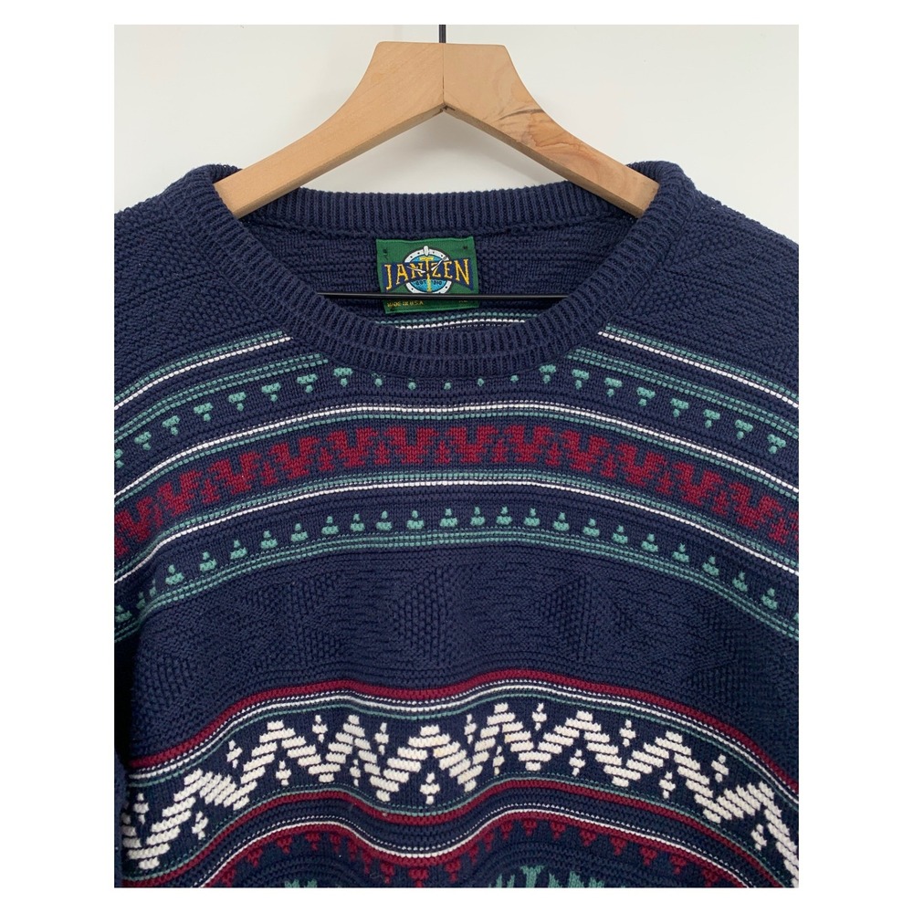 Vintage Jantzen Sweater Mens XL Blue 3D Knit Ski Cosby 90s Knit Made USA